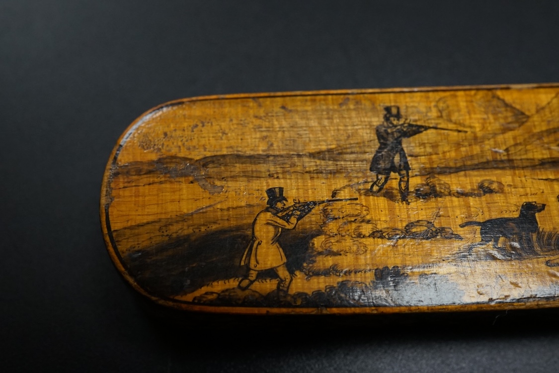An early Mauchline ware penwork 'hunting' toothpick case, 7cm in length